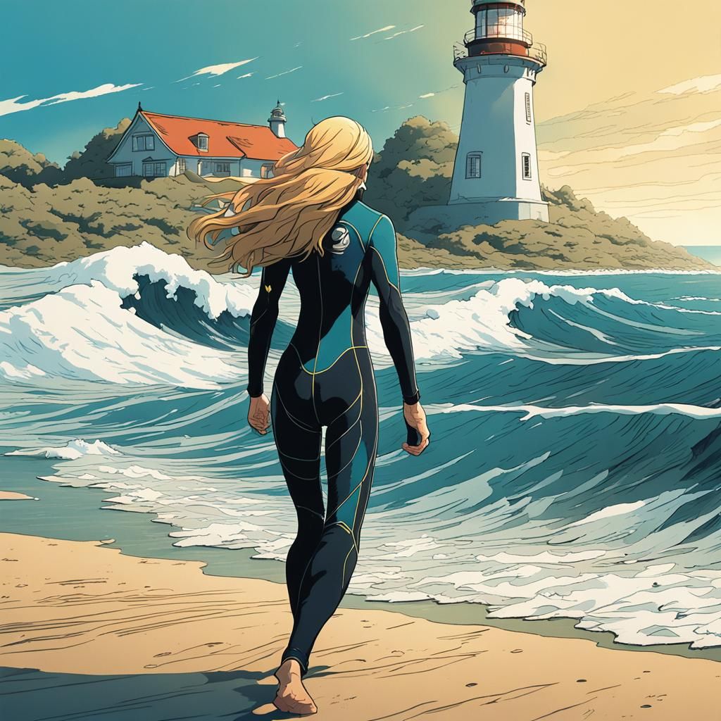 Colossal Surfer Near Lighthouse, Anime Style