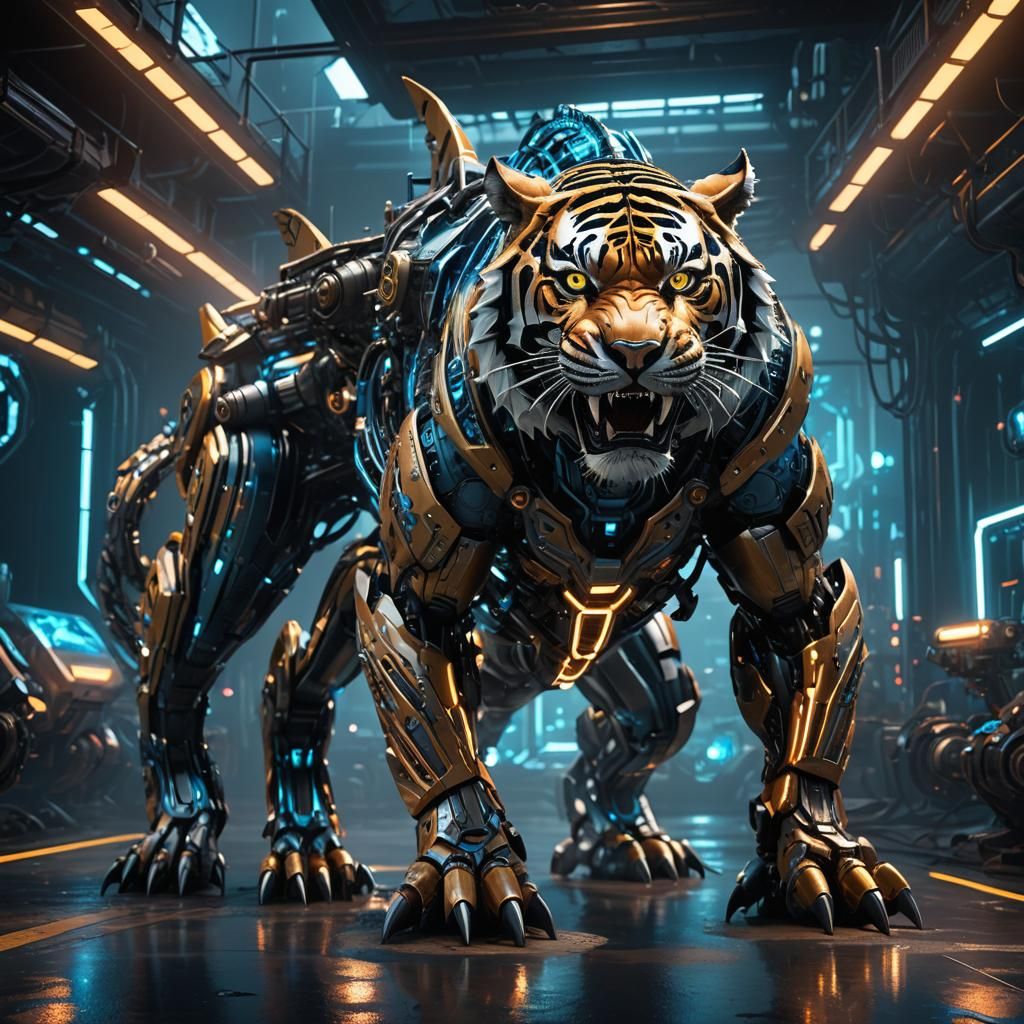 Cybernetic Tiger Shark Hybrid in Sci-Fi Battle Scene