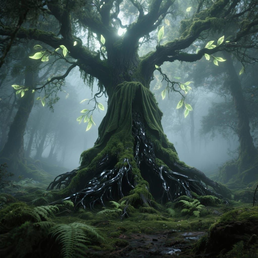 Ancient Oak with Obsidian Roots in Misty Forest