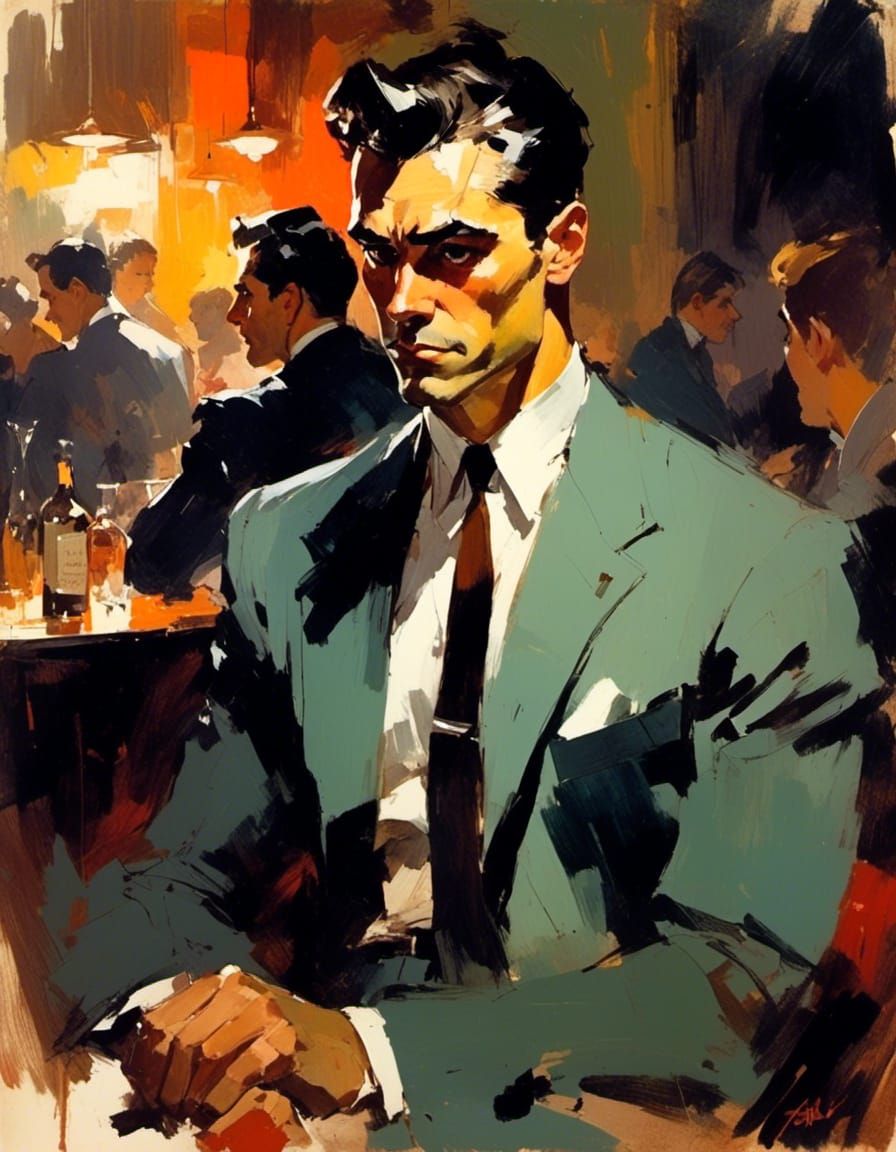 Brooding Detective in 1950s Noir Nightclub