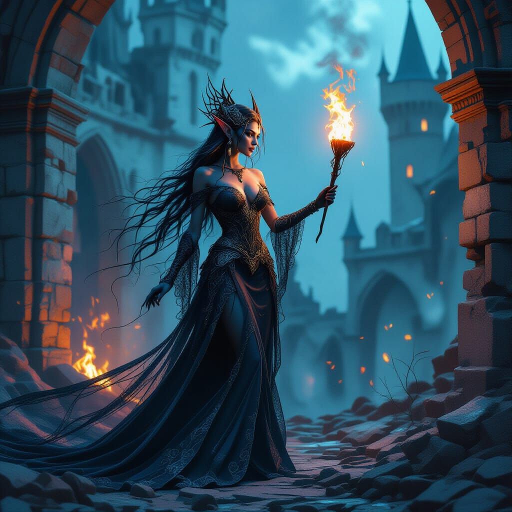 Dark Elf in Spider Silk Gown Explores Ruined Castle with Tor...