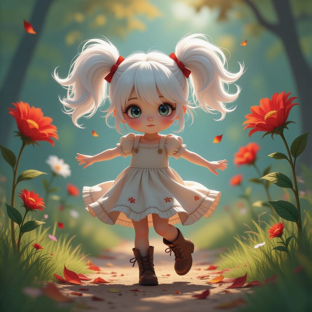 Whimsical Chibi Girl Spinning in Surreal Landscape