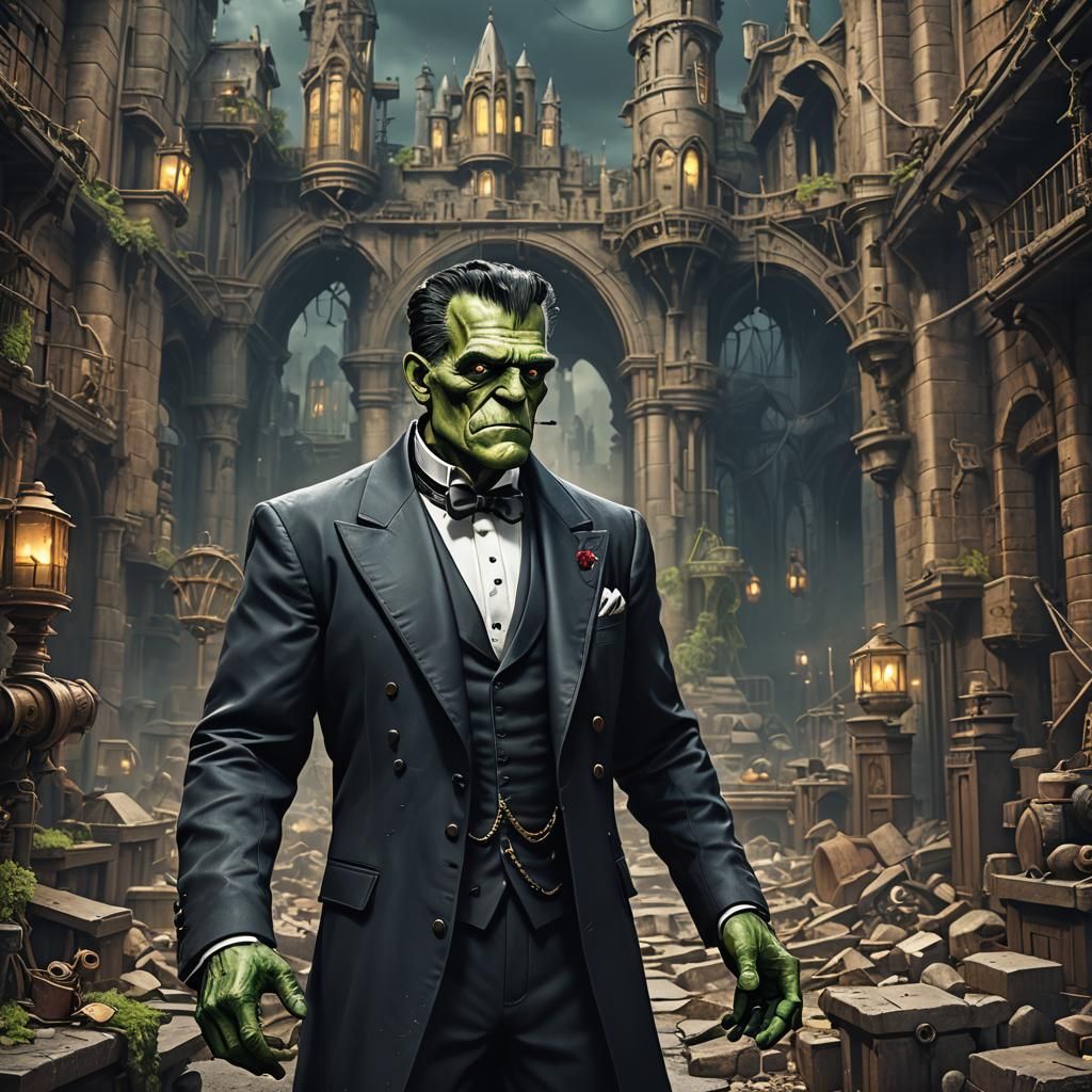 Frankenstein's Monster in Tuxedo: Detailed Matte Painting