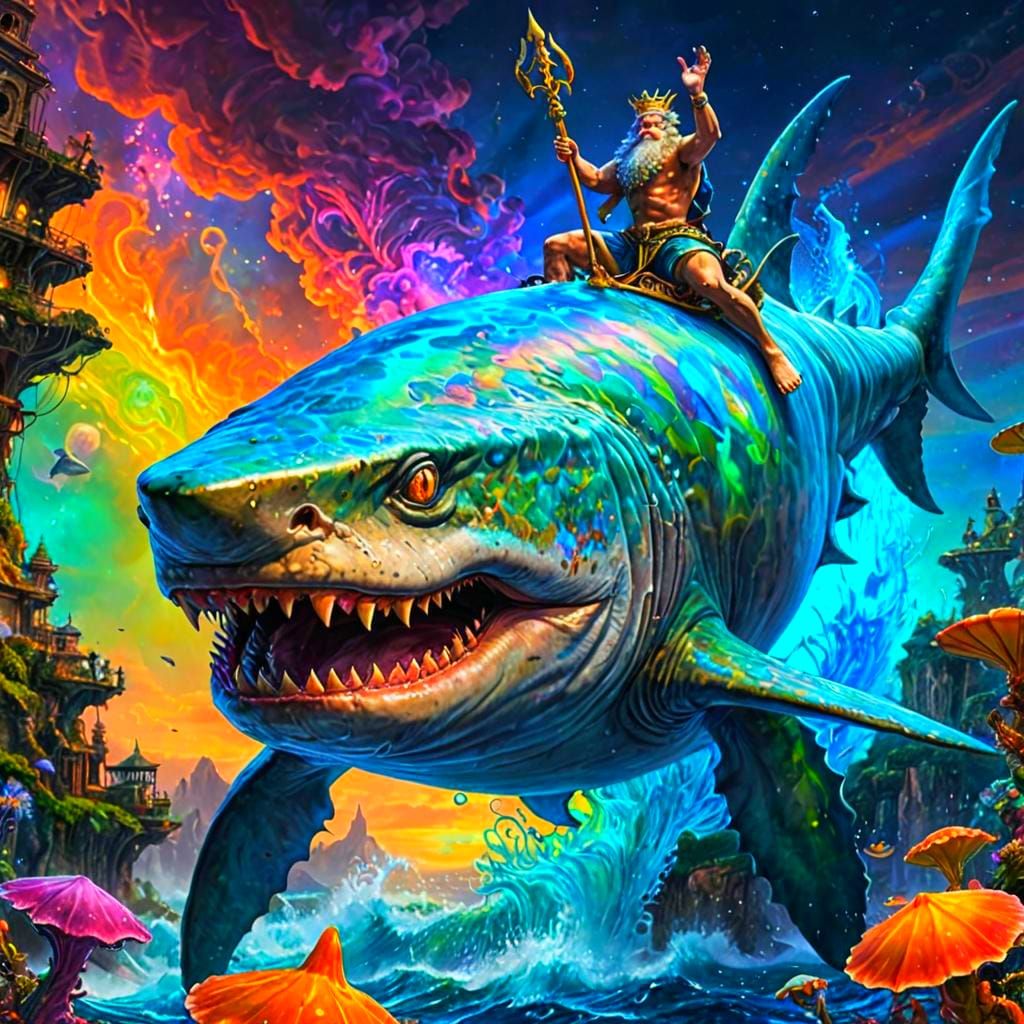 King Neptune on Psychedelic Shark in Hyperrealistic Style