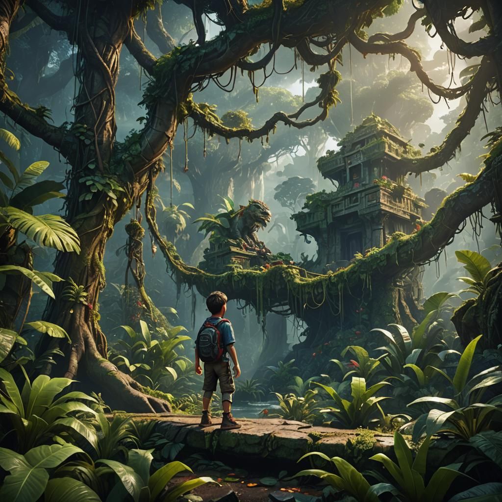 Child's Jungle Adventure in Detailed Matte Painting