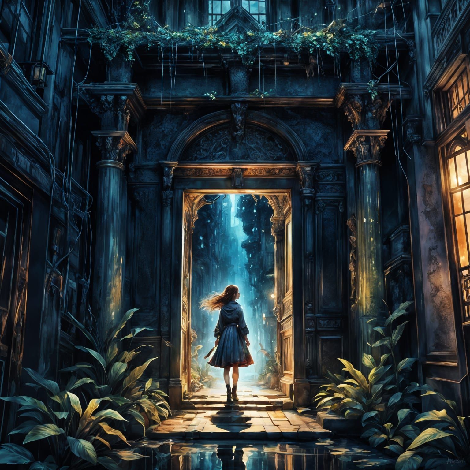 Epic Watercolor Gateway to Lucid Dream in Cubist Colors