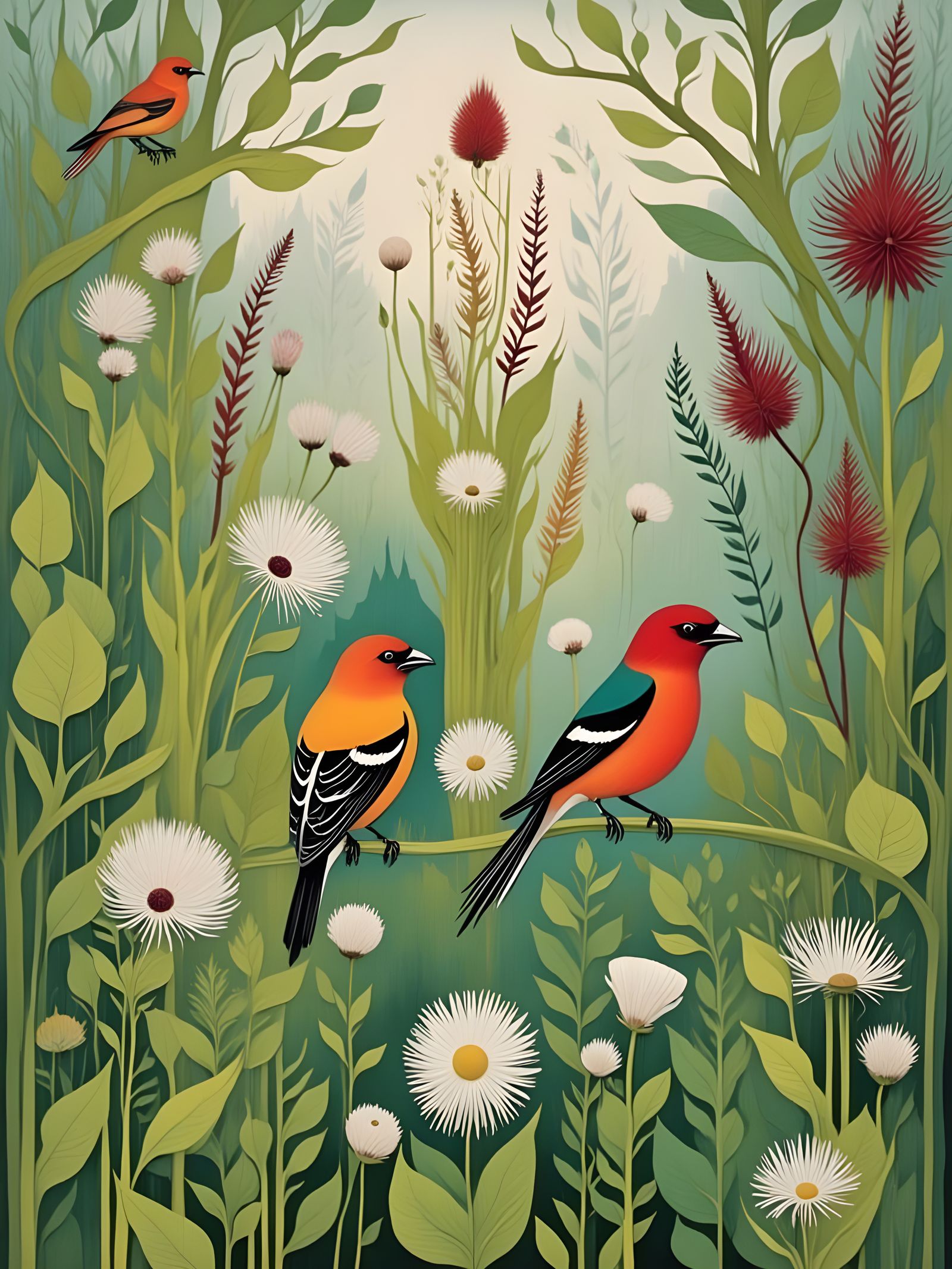 Whimsical Woodcut Garden Scene with Floral Delights