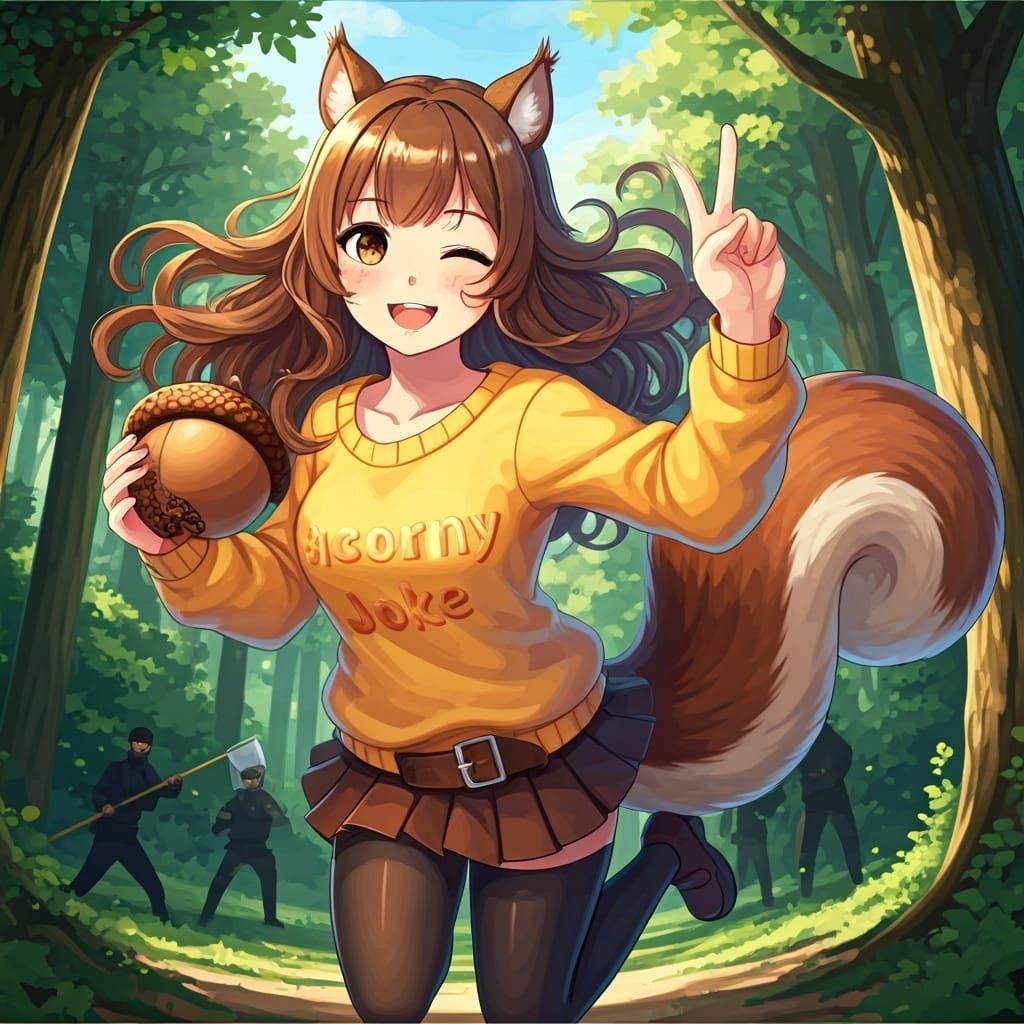 Mischievous Squirrel Girl Leaping Through Forest