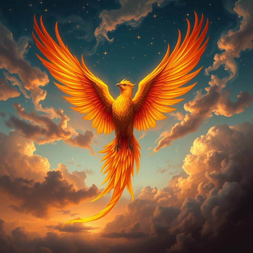 Phoenix Soaring Through Twilight Sky: Renaissance Style