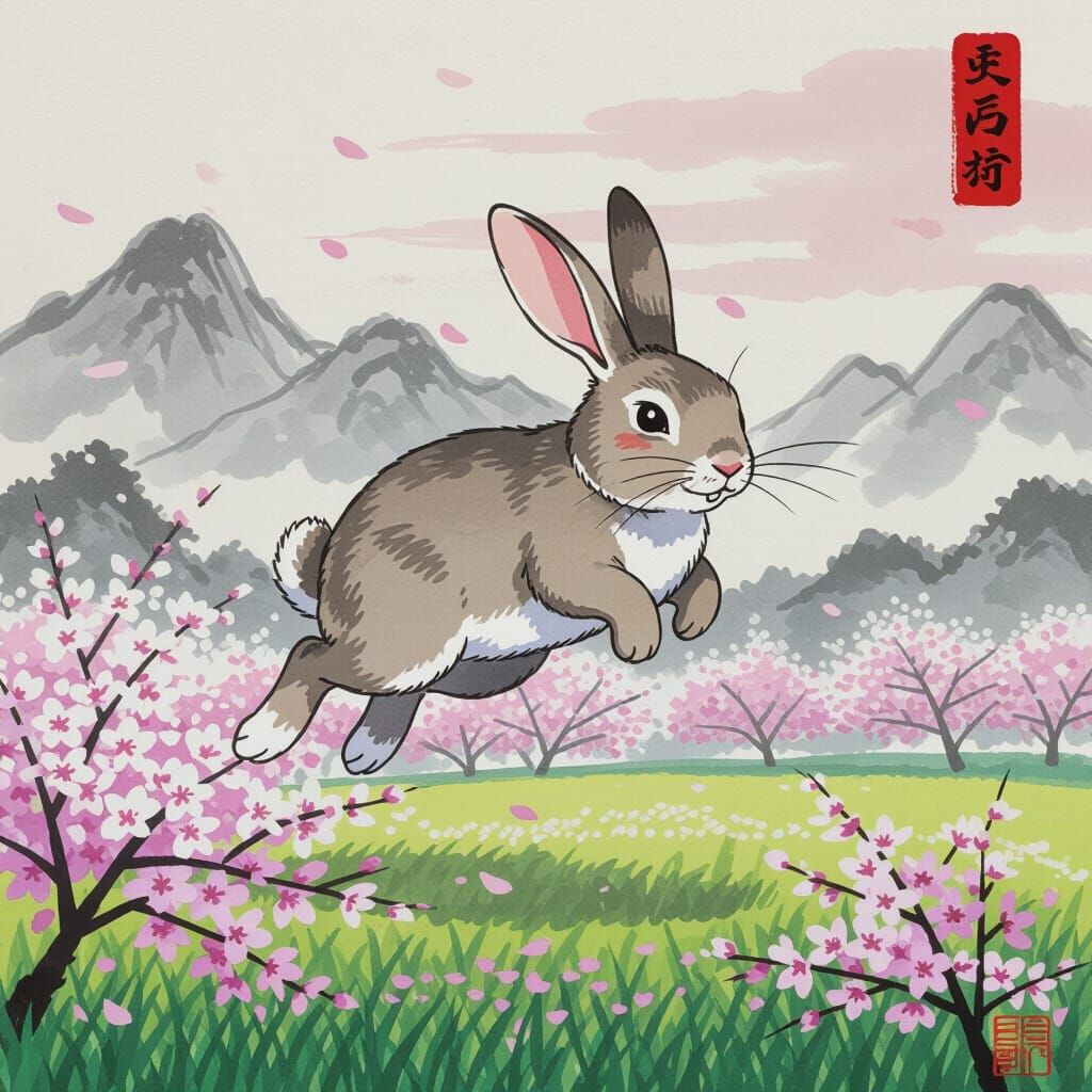 Gigantic Rabbit Leaping Over Cherry Blossoms in Japanese Ink...