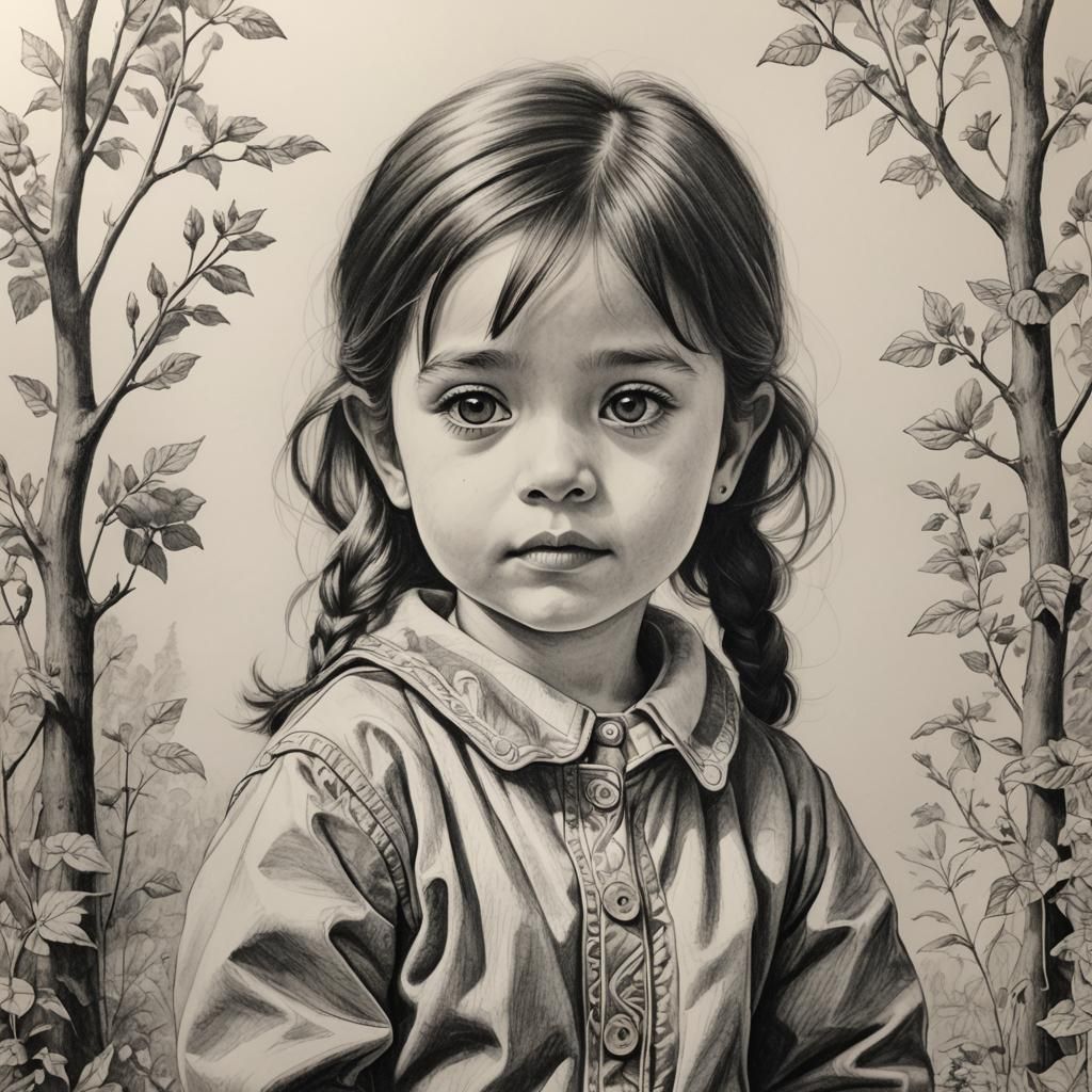 Child's Pencil Drawing Illustration in Black and White