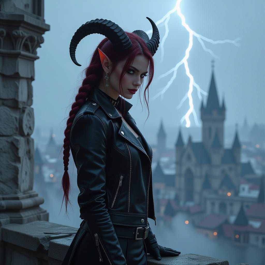 Tiefling Overlooking Cityscape in Gothic Setting