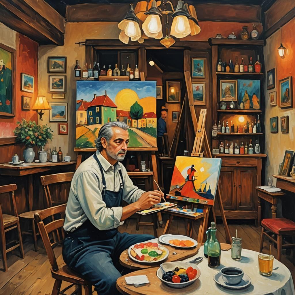 Niko Pirosmani at Work in a Cozy French Bistro