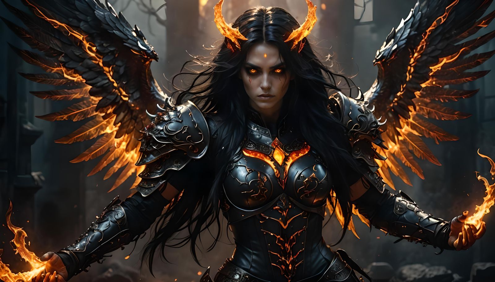 Angel Demon Hybrid with Fiery Aura in HDR