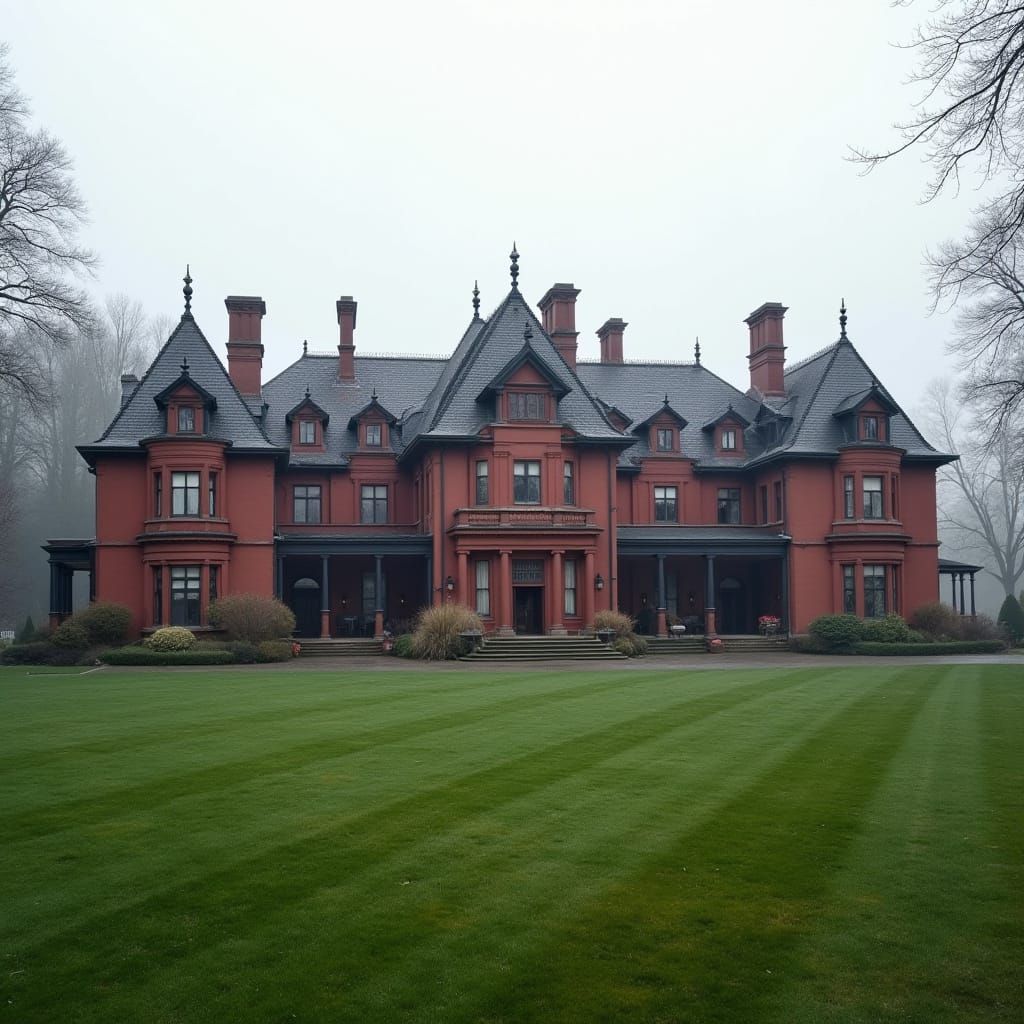 Elegant Victorian Mansion in Misty Woodland Setting