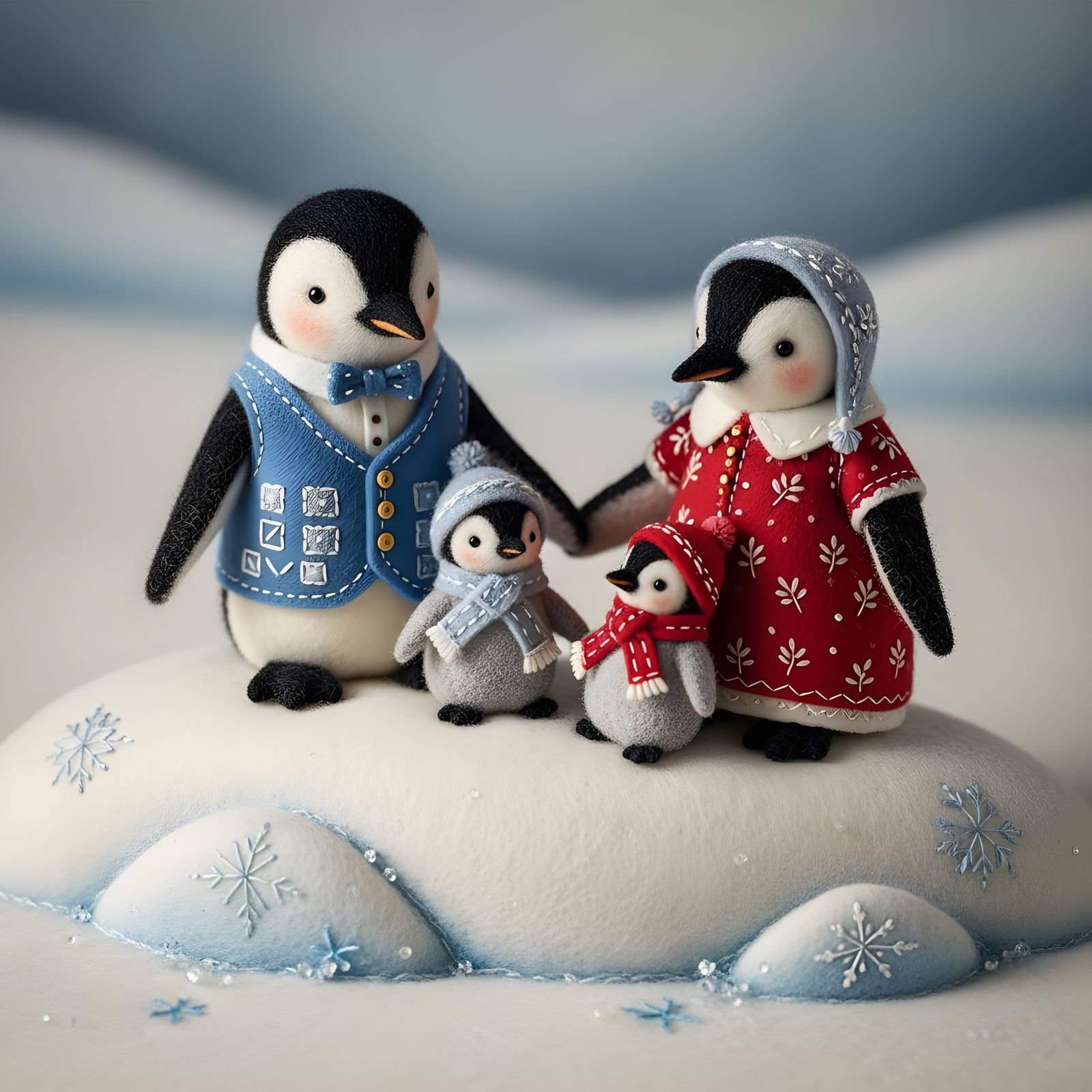 Felt Penguin Family on Snow Bank