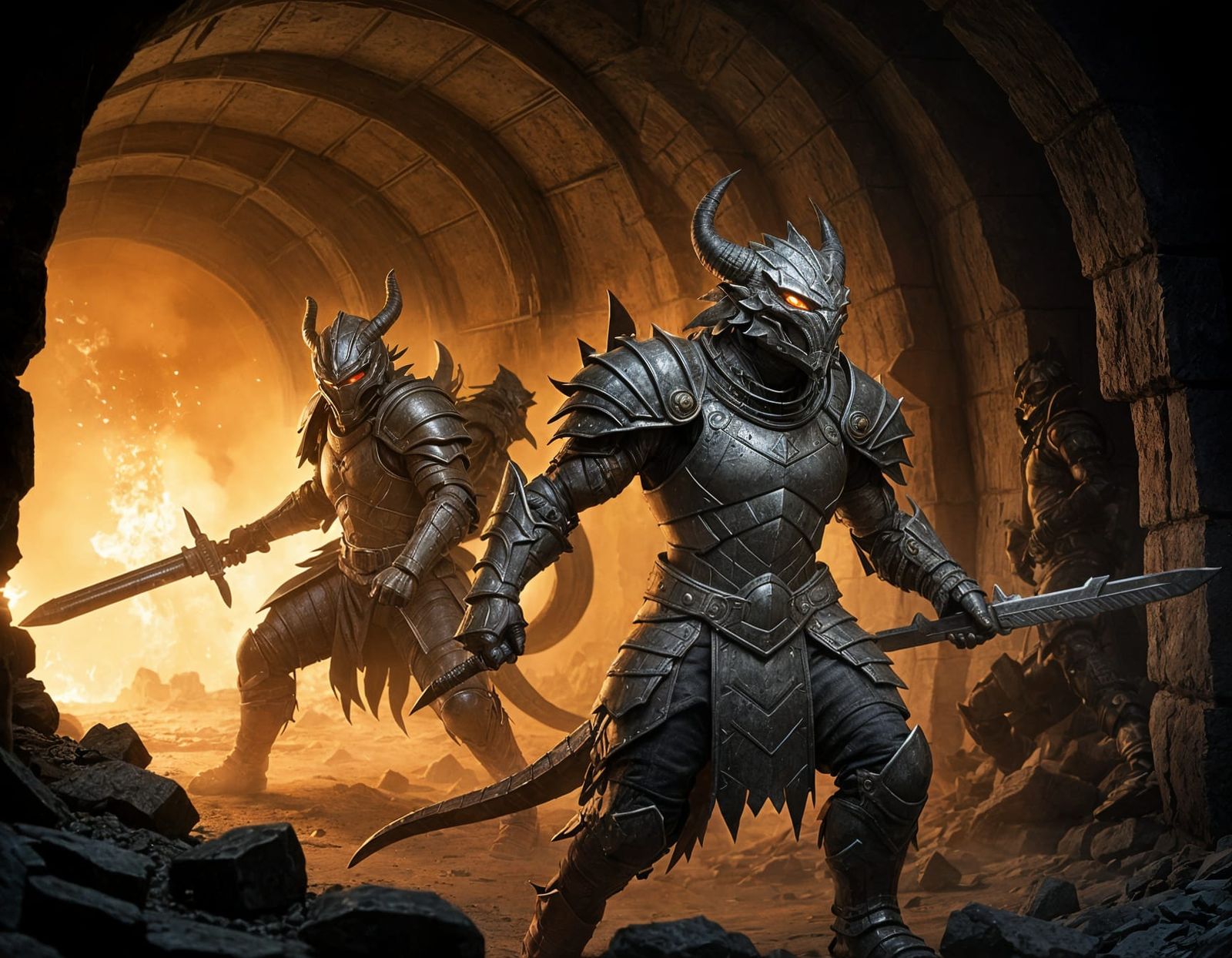 Spartan Dragonborn Warriors Defend Ancient Tunnel
