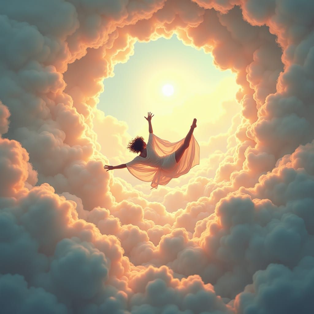 Dreamlike Figure Tumbling Through Pastel Clouds