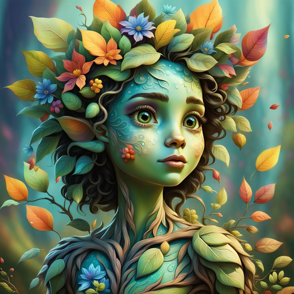 Pixar Style: Cute Dryad with Colorful Flora