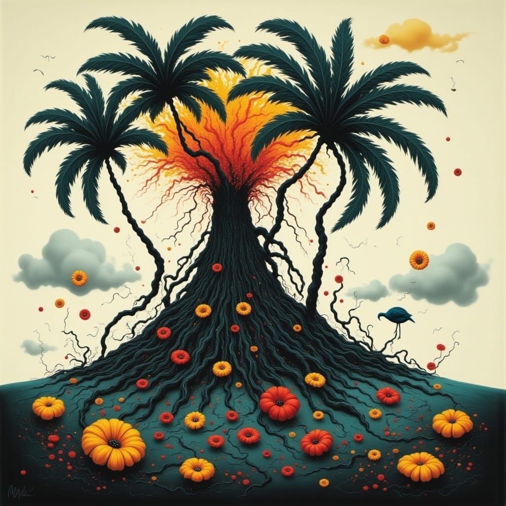 Twisted Tree Amidst Volcanic Landscape in Charley Harper Sty...