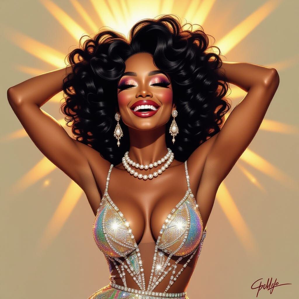 Joyful Woman in Sparkling Dress, Hyper-Realistic Painting