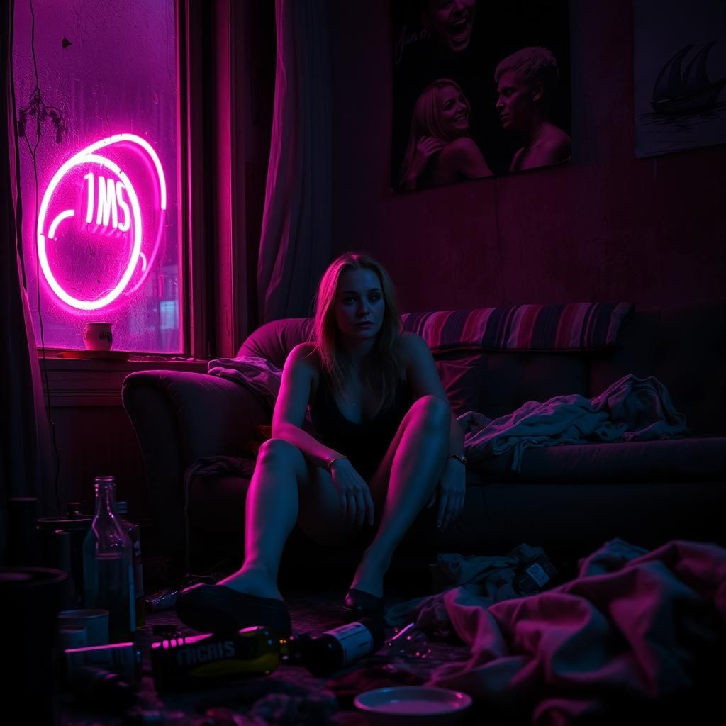 Solitude in Neon: A Hyperrealistic Post-Party Scene