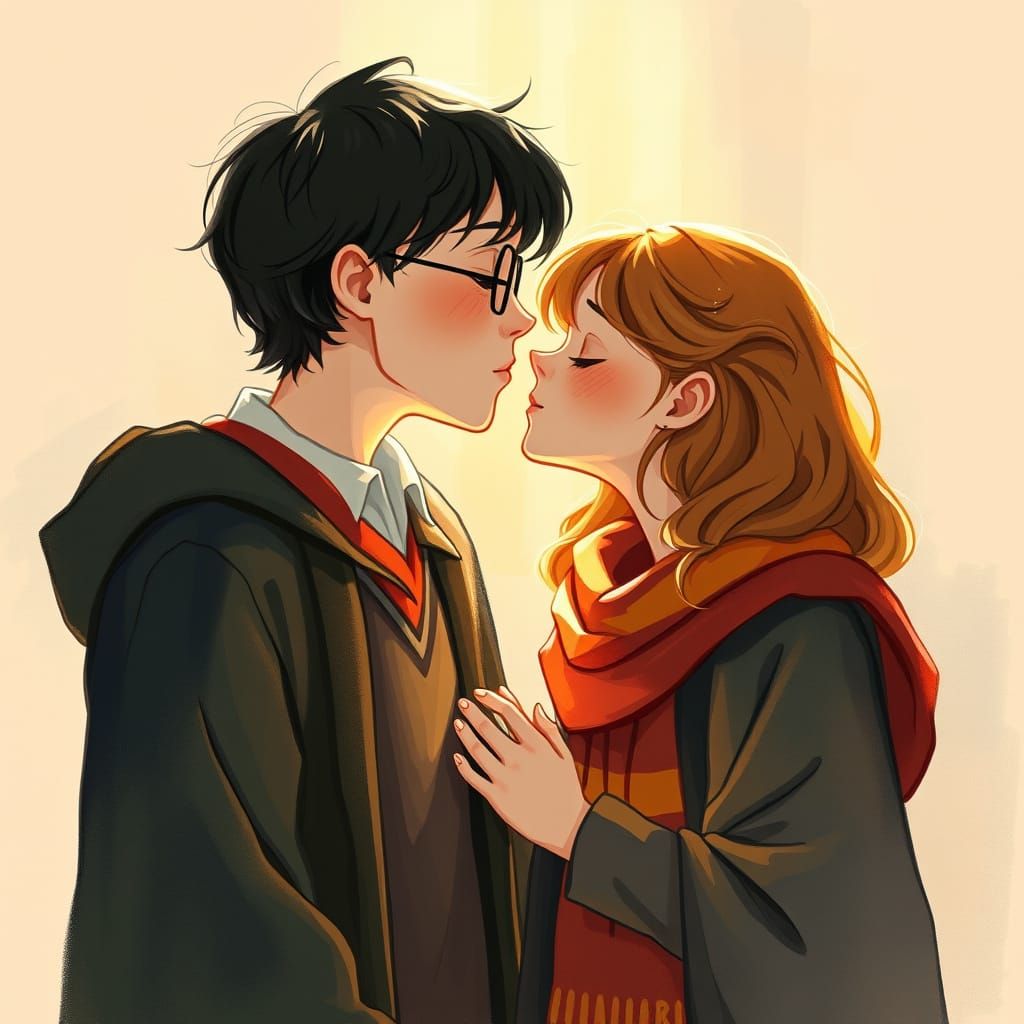 Harry Potter and Hermione Kiss in Dreamy Illustration