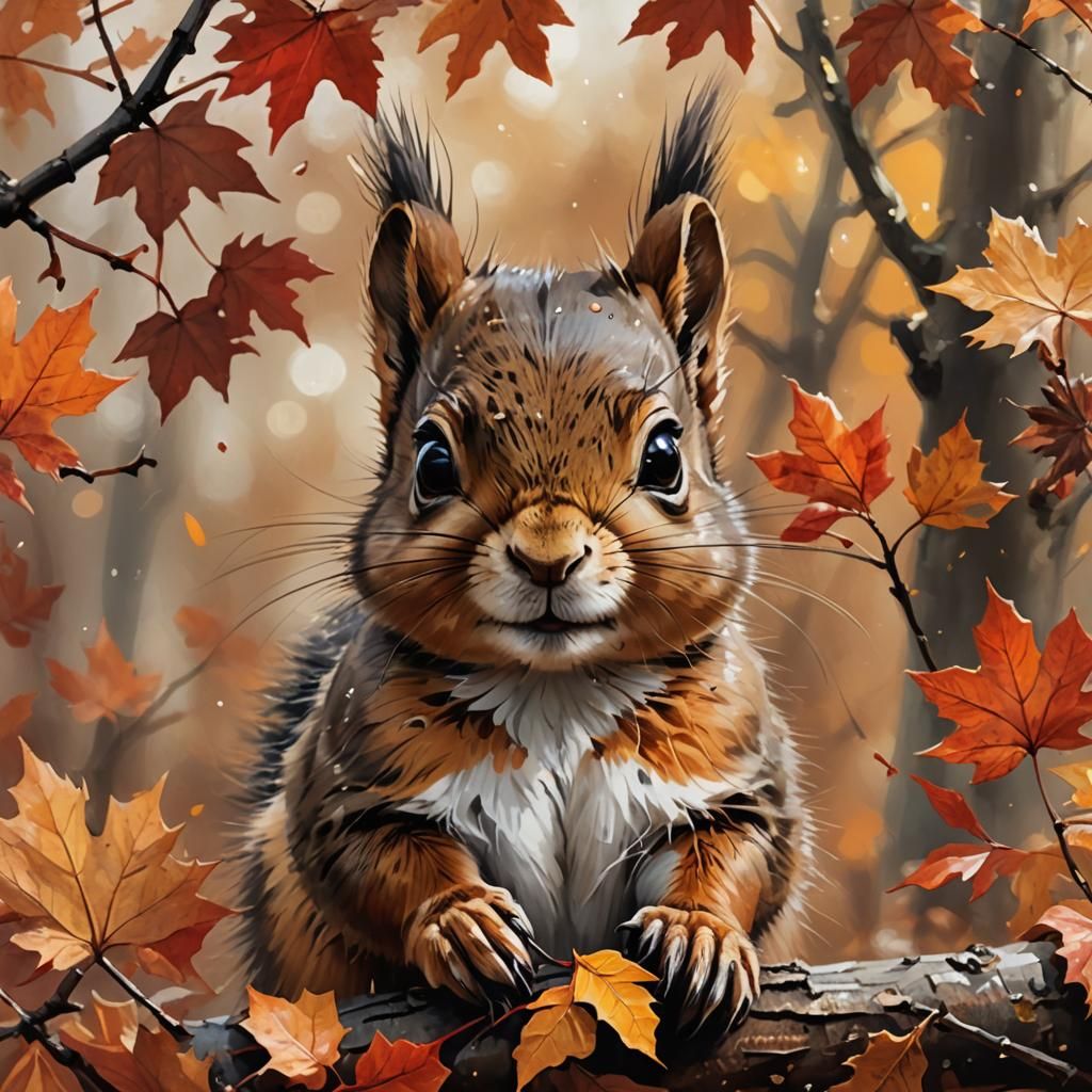Chibi Squirrel in Autumnal Painting Style