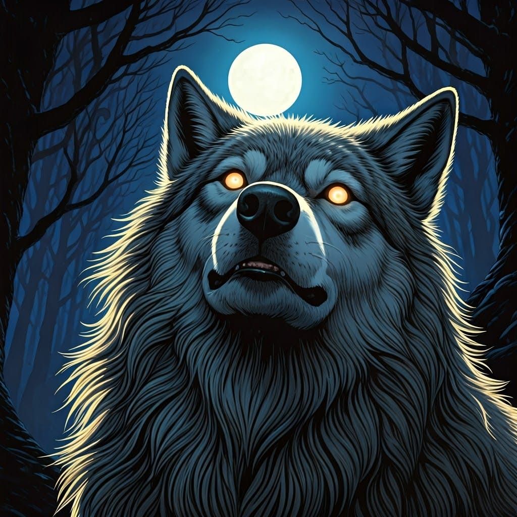 Wolf's Unhinged Gaze Under Full Moonlight