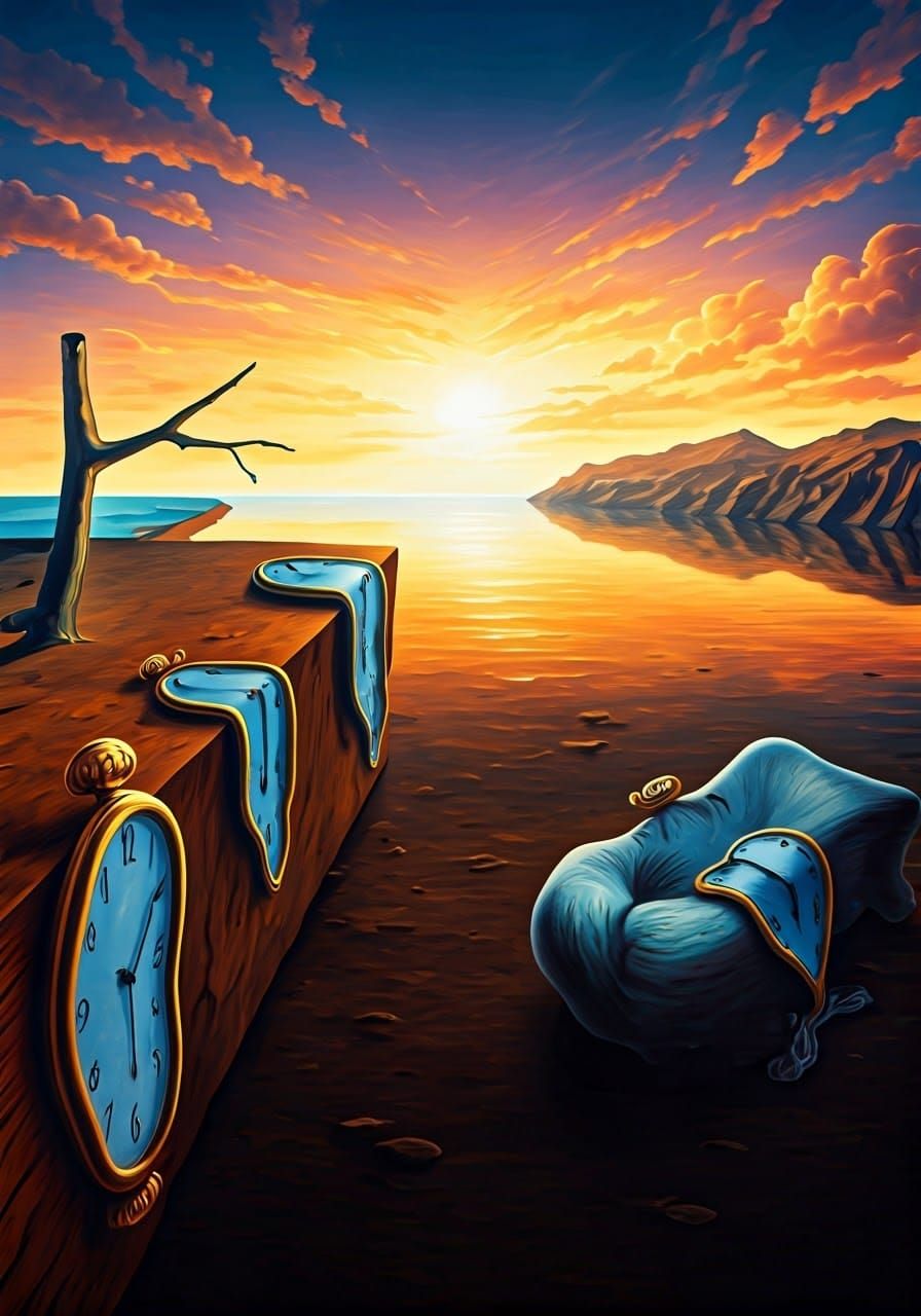Dreamlike Landscape with Melting Clocks: Surreal Digital Art