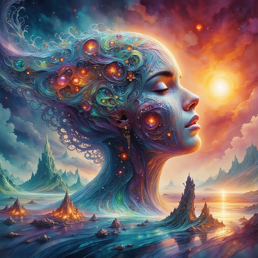 Futuristic Woman in Neon Landscape: Digital Art