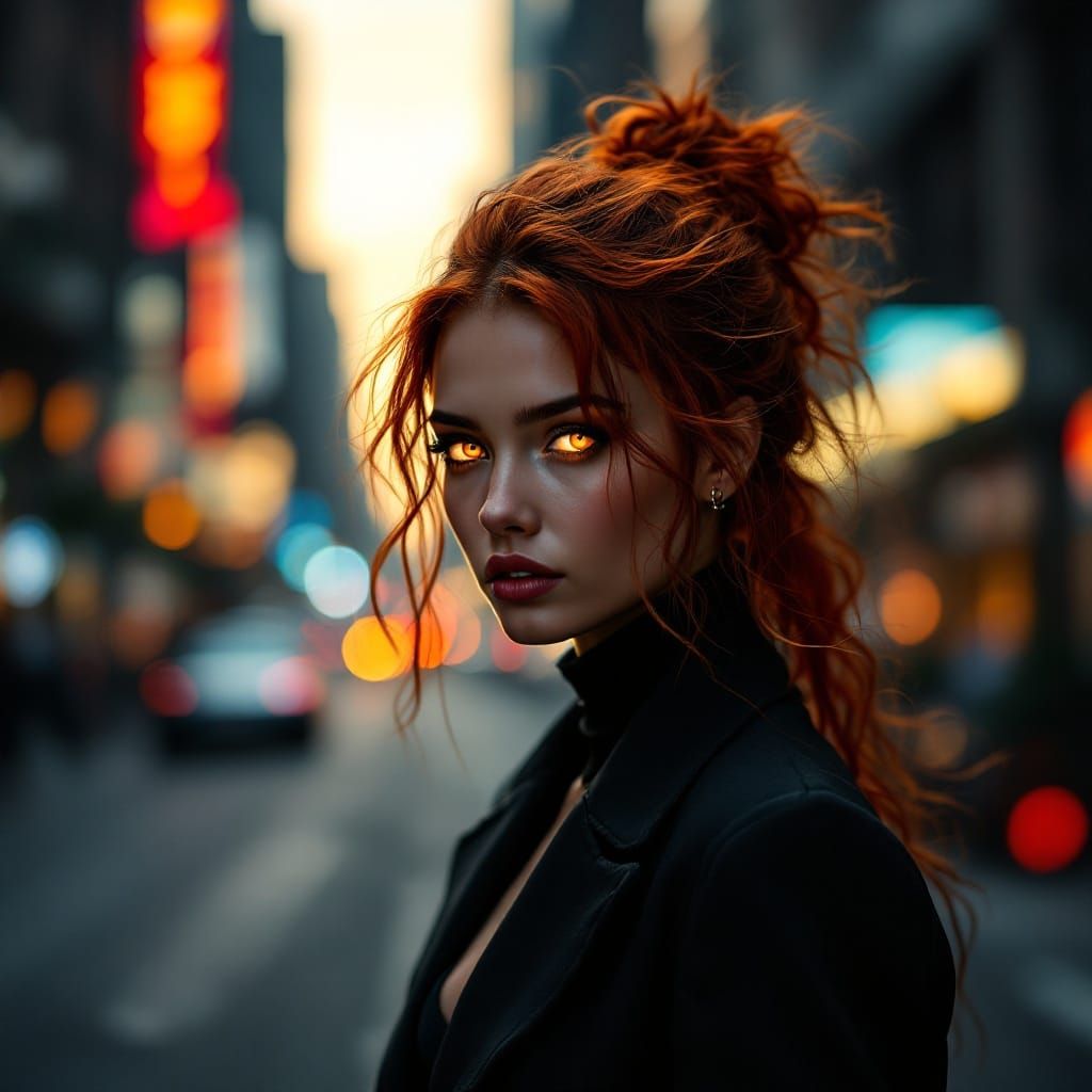 A City Siren in Fiery Disguise Amidst Skyscrapers