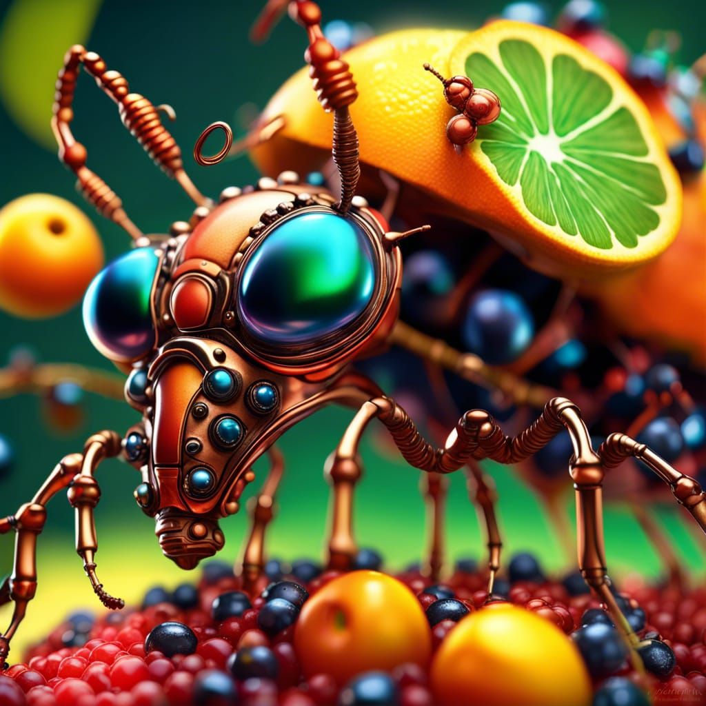 Biopunk Steampunk Ant Made of Fruit Molecules