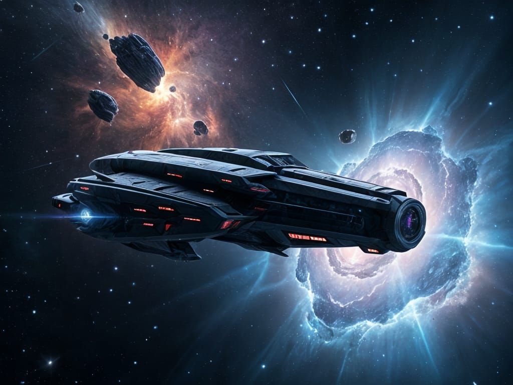 Galactica Spaceship Inside Andromeda Nebula: Digital Paintin...