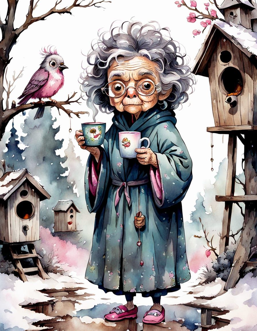 Large-Eyed Lady with Fuzzy Slippers in Watercolor