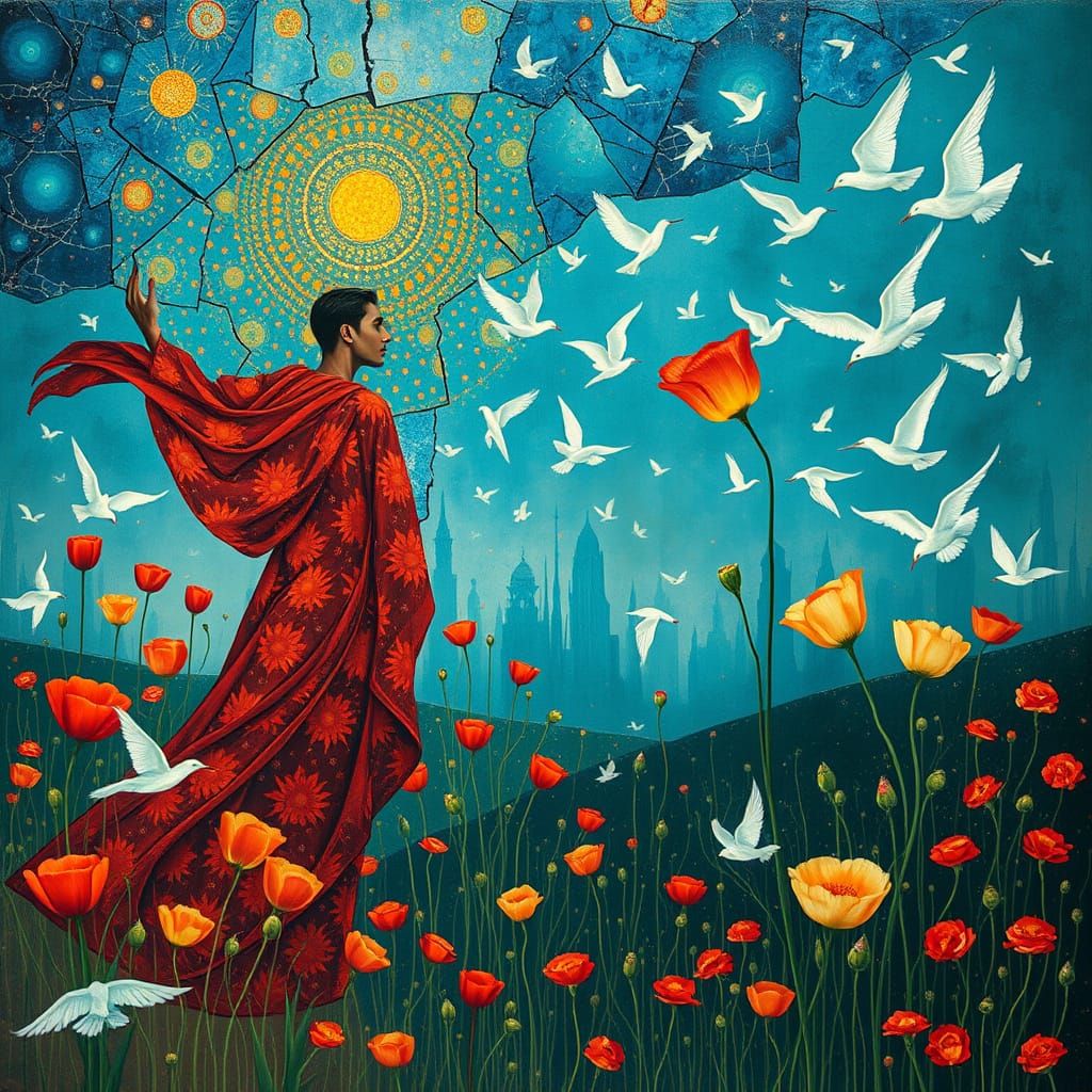 Surreal Collage of Figures and Flowers in Art Nouveau Style