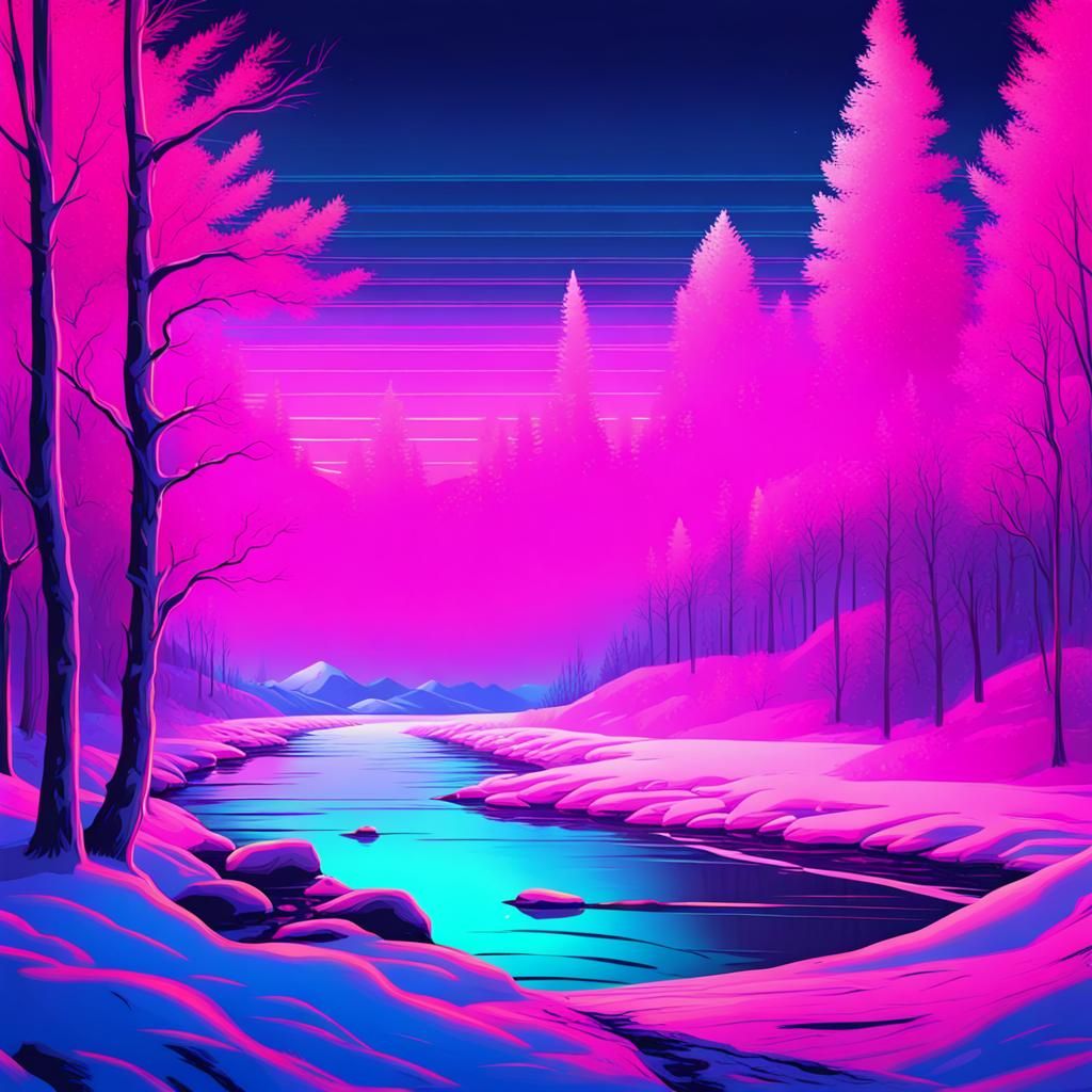 Neon Winter Riverscape in Synthwave Style