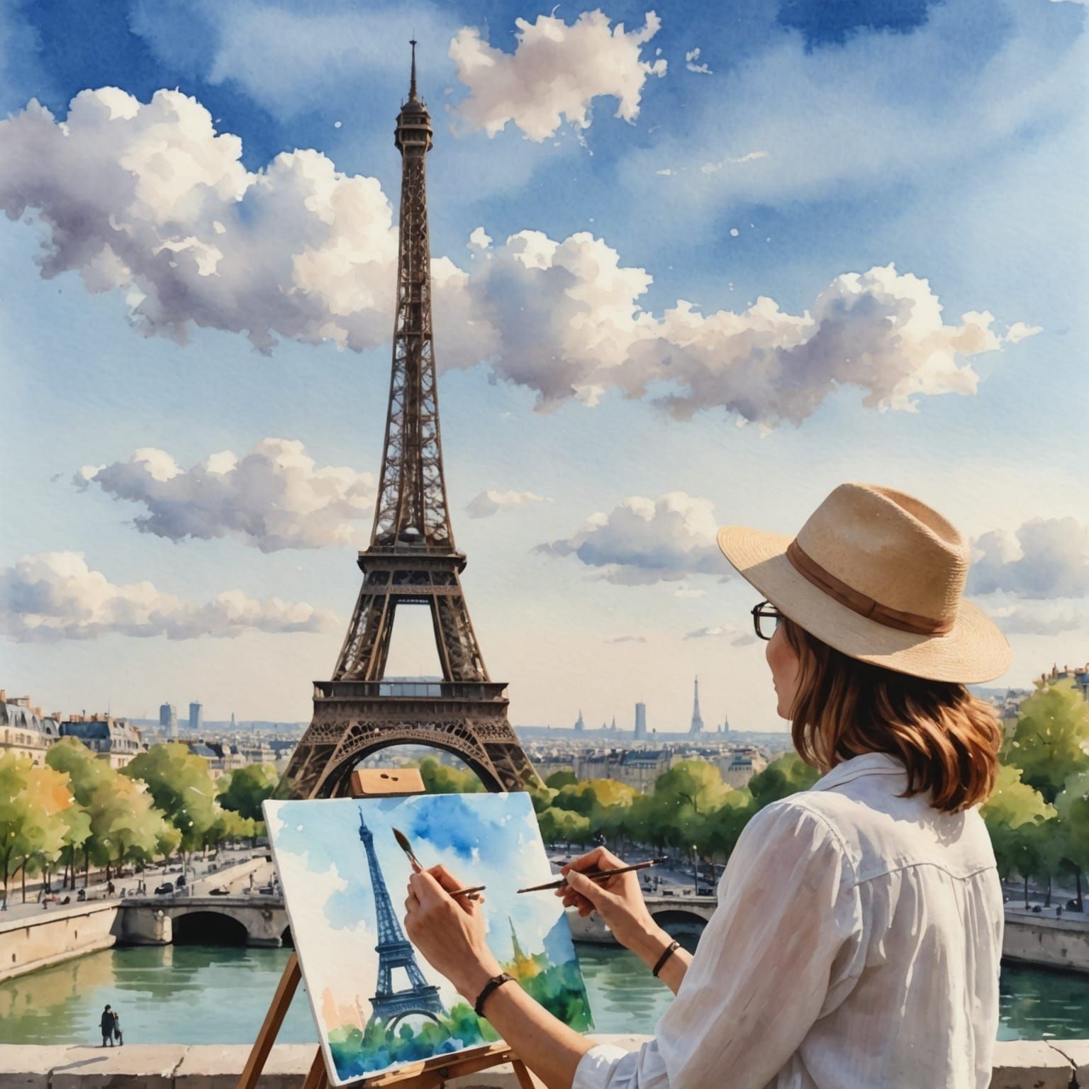 Woman Painting Eiffel Tower in Watercolor Style