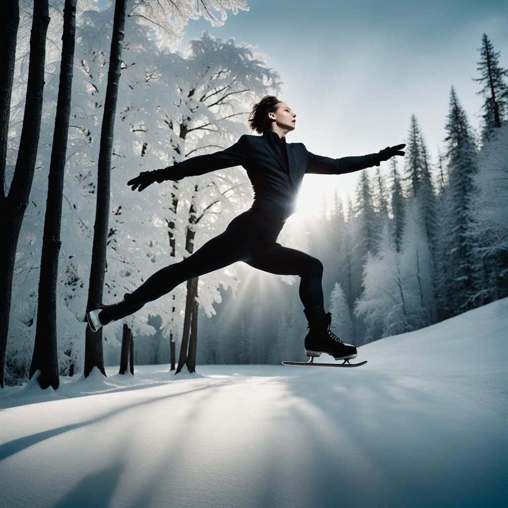 Art by Annie Leibovitz, Mark Seliger, Herb Ritts, elegant figure skating portrait gracefully landing a jump, Fujifilm co...