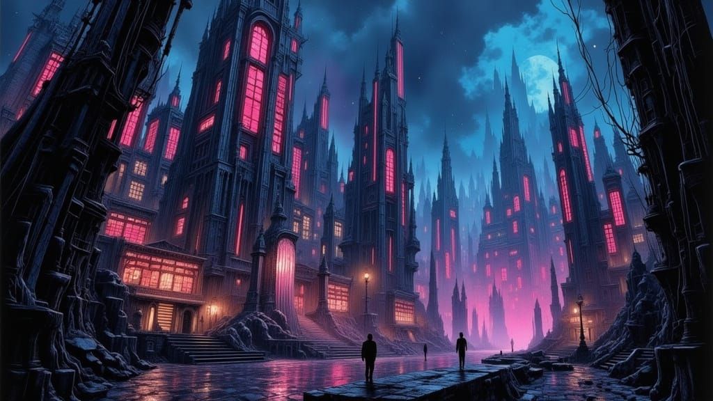 Cyberpunk Cityscape at Night in Brutalist Poe Escher Style