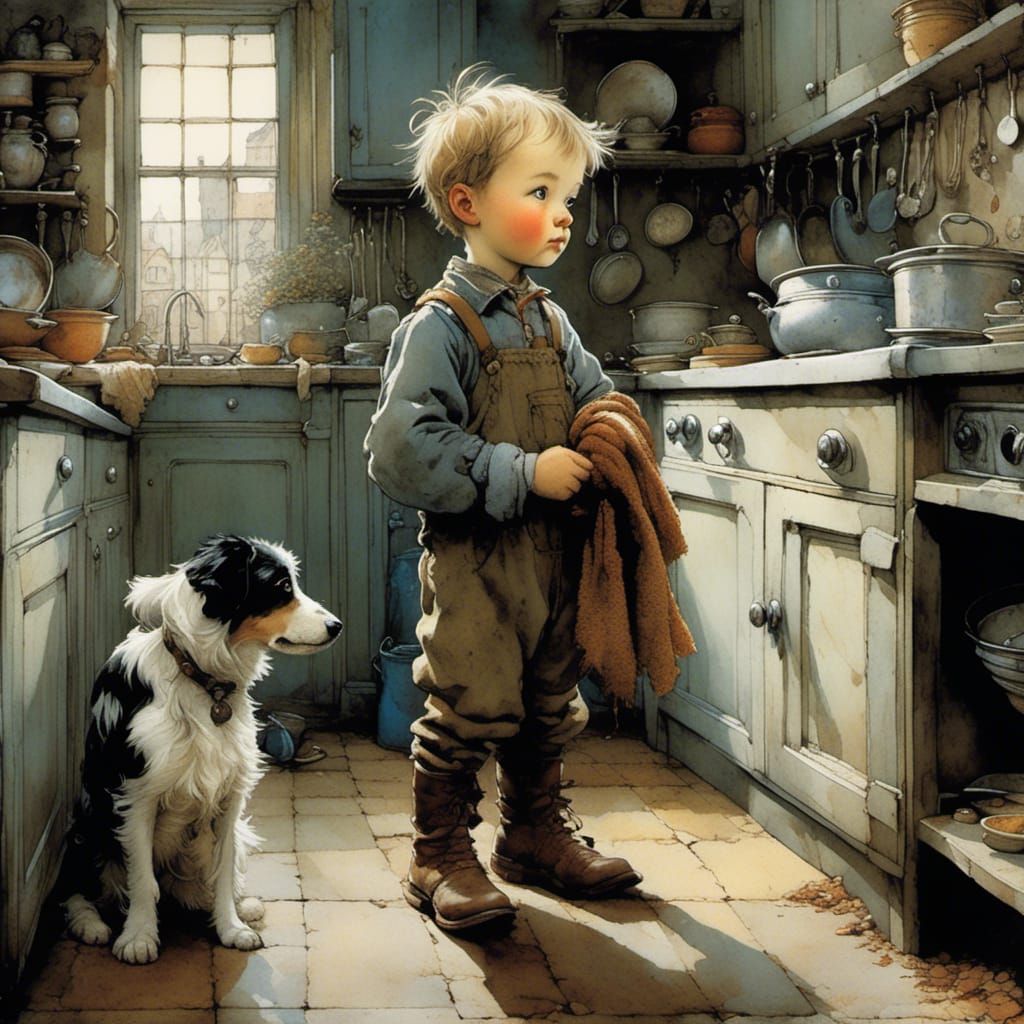 Toddler and Dog in Kitchen: Intricate Painterly Art