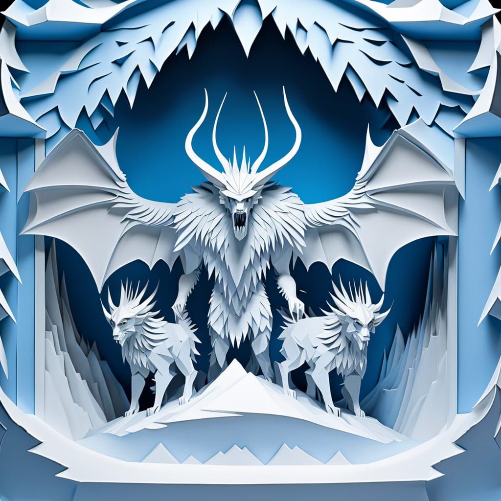 Three-Headed Demon Trapped in Icy Paper Sculpture