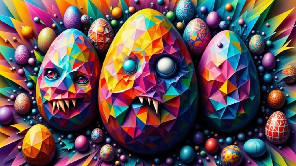 <lora:Psychopomp:1.0> <lora:Alternative Bunny:1.0> Intricately detailed Patterned  Abstract  Easter eggs cubist painting...