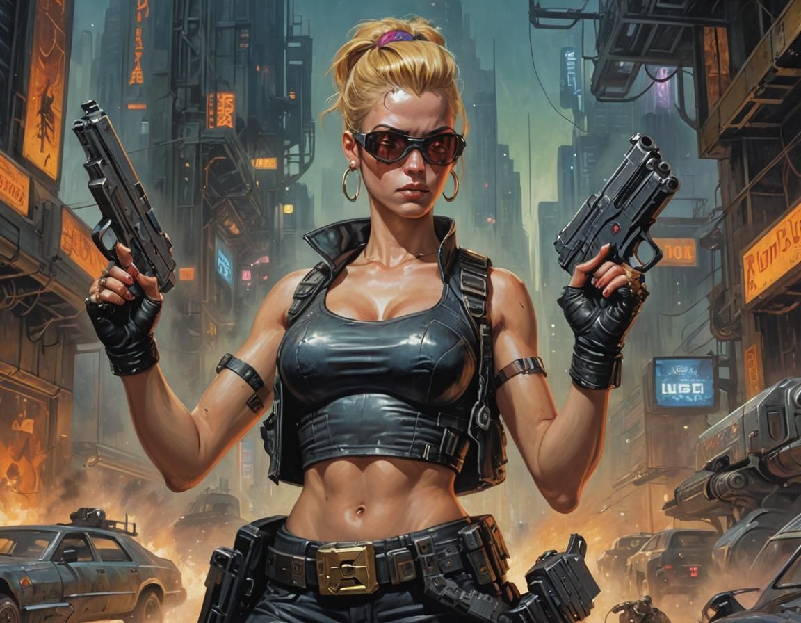 a painting of a woman holding two guns, cyberpunk art by Dave Dorman, Artstation, retrofuturism, duke nukem 90s cover ar...