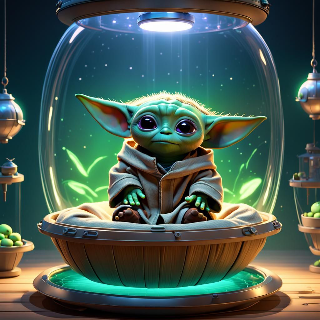 Baby Yoda in Floating Crib: 3D Digital Art