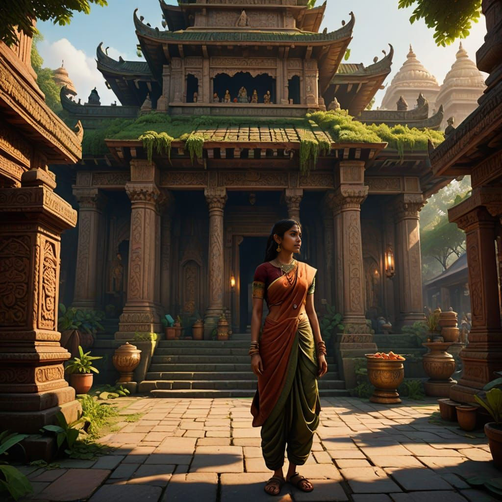 Surreal Indian Goddess Emerges from Temple at Sunset