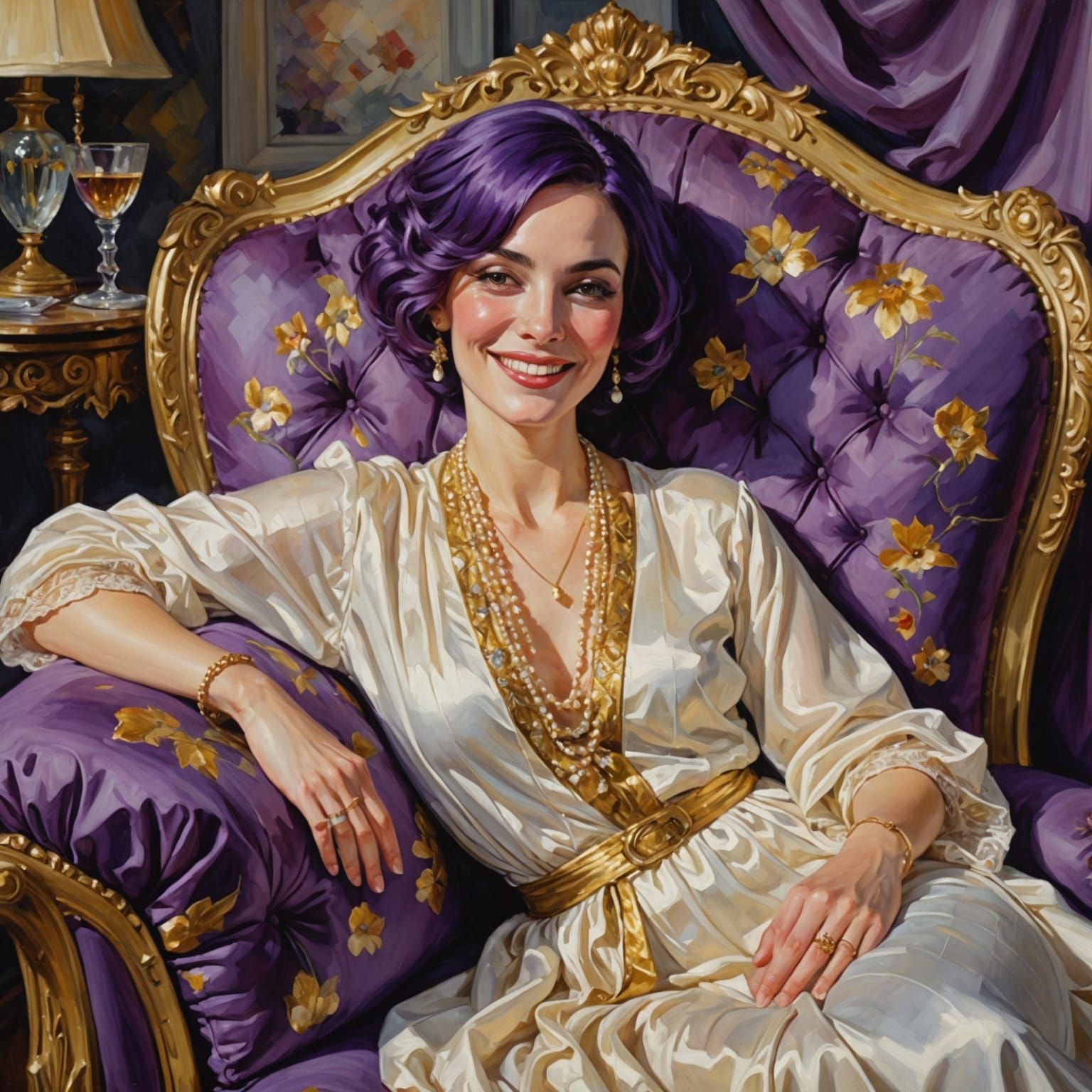 Woman in Purple Bob Hairstyle on Victorian Chaise Lounge