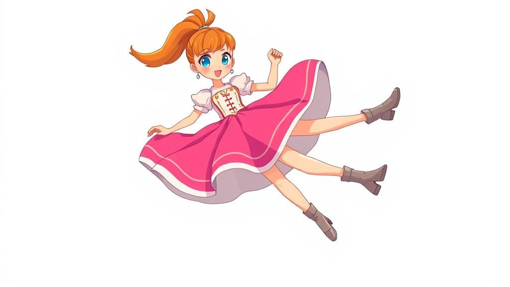 Whimsical Woman Floats with Princess Dress: Anime Style
