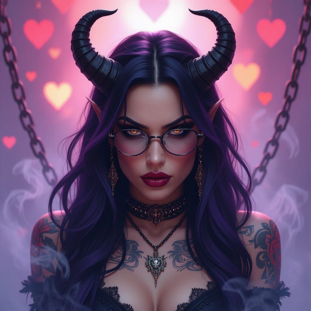 Fierce Devil Woman Portrait with Horns and Tattoos