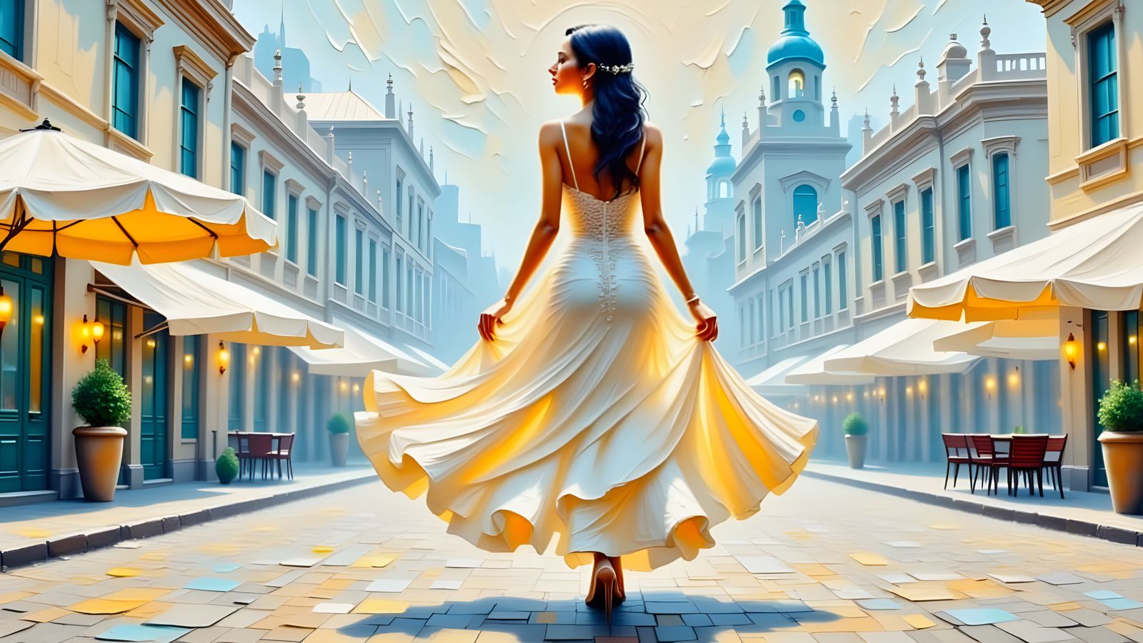 Glowing Woman in Cityscape, Impasto Painting